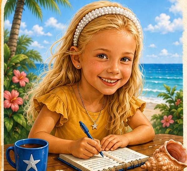 Illustration of Kollier Smith writing her book by the beach